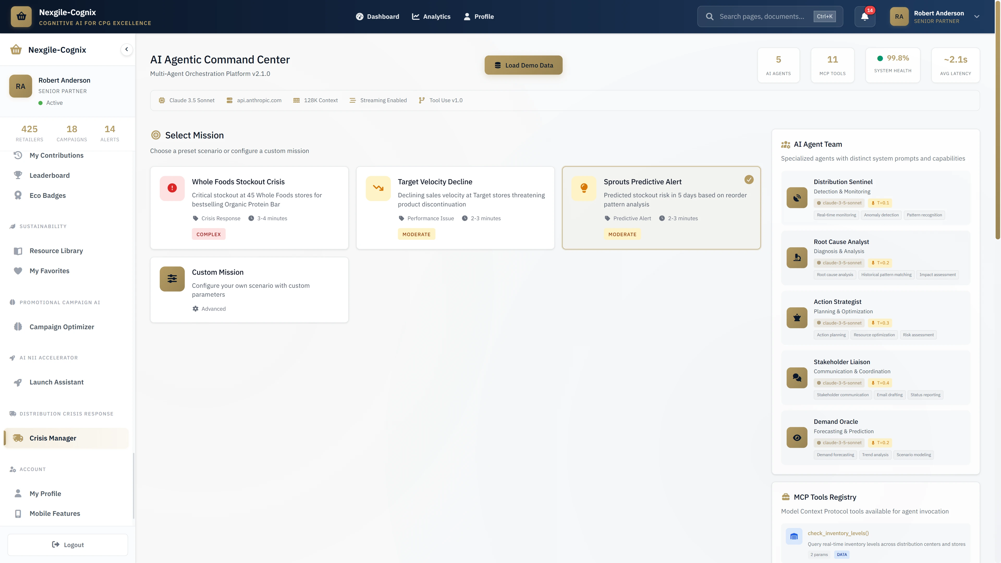 Mission Control - Crisis selection dashboard with preset scenarios including stockout alerts and velocity decline monitoring